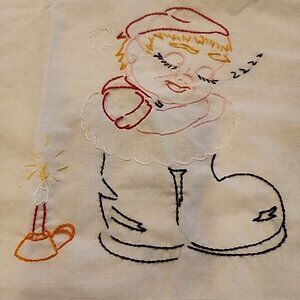 Vintage Cotton Kitchen Towel Embroidered Elf 33x22.5"